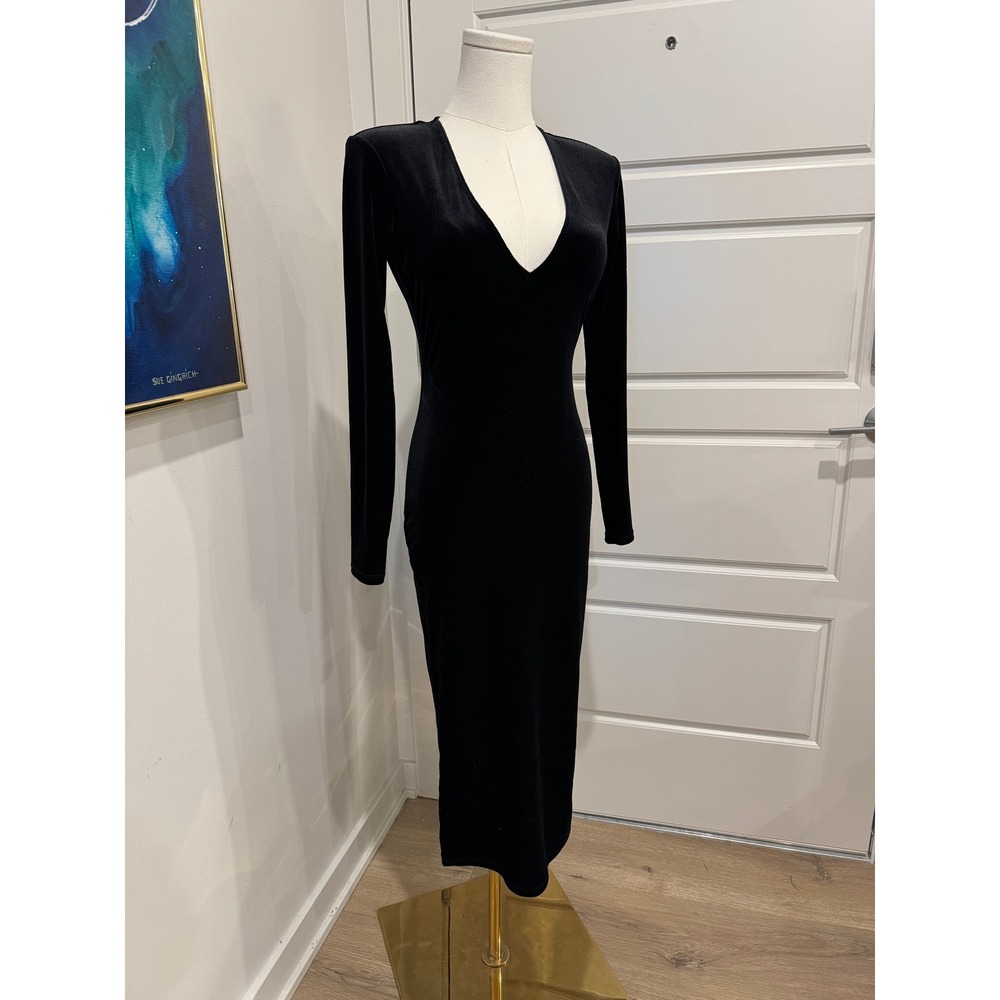 Good American Black Ribbed Velvet Deep V-Neck Long Sleeve Midi Bodycon Dress